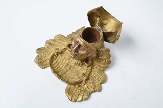 Image 1 of Antieke inktpot in de vorm van een Indiaans opperhoofd / Verguld brons / Indiaans hoofd uit begin 1900