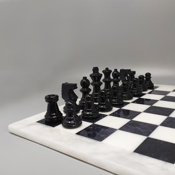 Image 1 of 1970s Gorgeous Black and White Chess Set in Volterra Alabaster Handmade Made in Italy