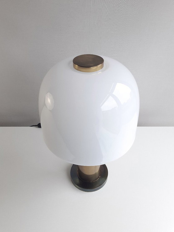Image 1 of Glashütte Limburg vintage table lamp, brass desk lamp with frosted glass shade, mid-century modern table lamp