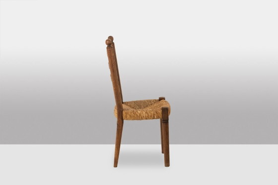 Image 1 of Set of 8 oak straw-seated chairs. 1950s.