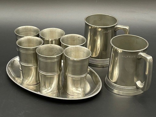 W.R Loftus Ltd Lindon & Rein Zinn - Drinkservies (8) - Halve pint Bierpul - schnapsbekers - klein serveerblad - Verzilverd messi