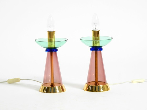 Image 1 of Deux lampes de table rares en verre de Murano italien des années 1980, au design Memphis postmoderne | Vetri Murano
