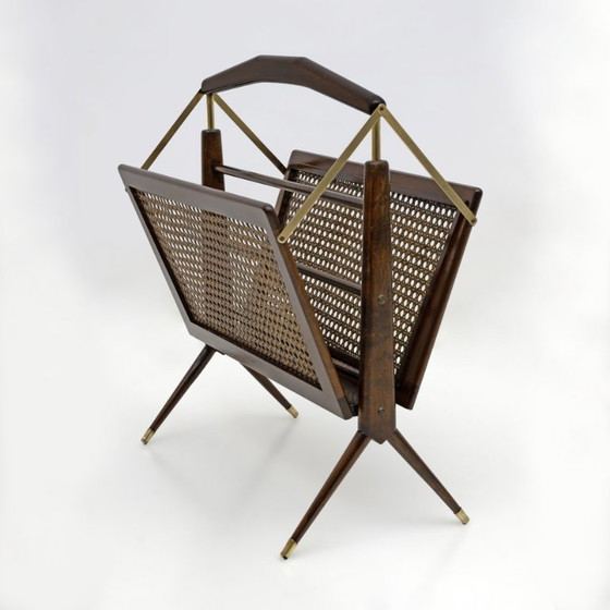 Image 1 of Cesare Lacca Mid-Century Modern Italian Wicker and Brass Magazine Rack, 1950s
