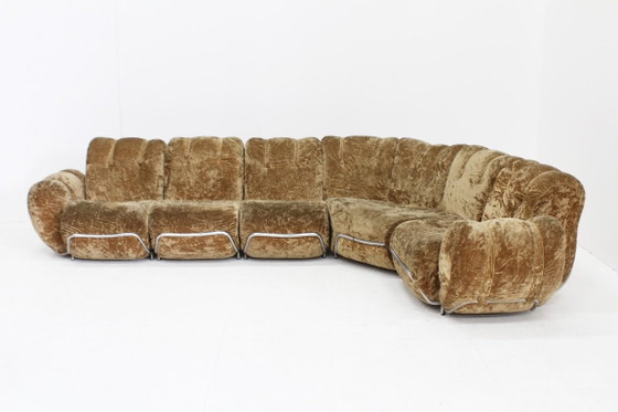Vintage Italiaanse modulaire elementen bank  sofa 1970s, Hoekbanken, Fluweel, Metaal, Bruin (foto 3 van 12)