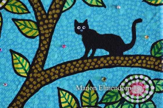 Image 1 of Unique Hand-Painted Small Painting Cats in Tree 30x18 cm Unique Hand-Painted Small Painting Cats in Tree 30x18 cm