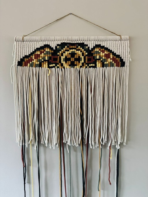 XL Textile Art | Arazzo in macramè con motivo Pixel intrecciato | Design boemo