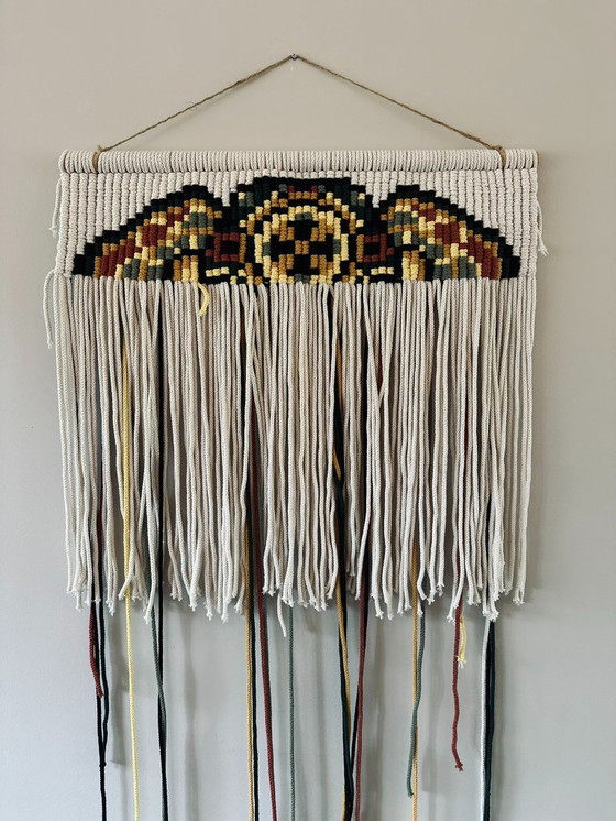 Image 1 of XL Textilkunst | Makramee-Wandteppich mit gewebtem Pixel-Muster | Bohème-Design