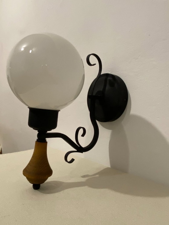 Vintage Opal Glass Globe Wall Lamp with Wood Detail, 1970s, Wall lights, Metal, Black (photo 3 of 16)