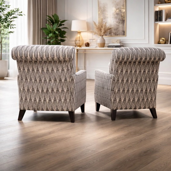 Image 1 of Pair of mid-century modern Nordic armchairs in solid wood with neutral textile upholstery, two items, dating from 1940–1950