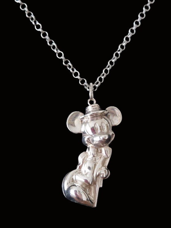 Image 1 of Disney - Large silver Mickey Mouse pendant with long chain