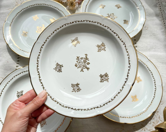 5 French Vintage Porcelain Deep Plates with Golden Flower Pattern Vierzon C.G – Crockery (photo 5 of 8)