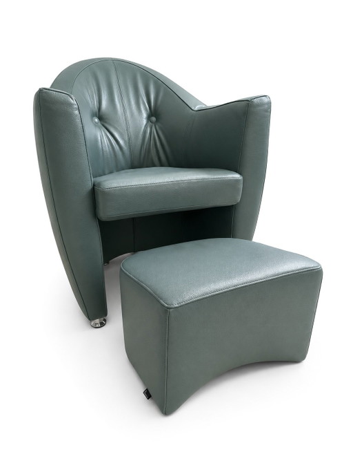 Leolux Carabita fauteuil met hocker Olijfgroen Leer – Leather, Metal