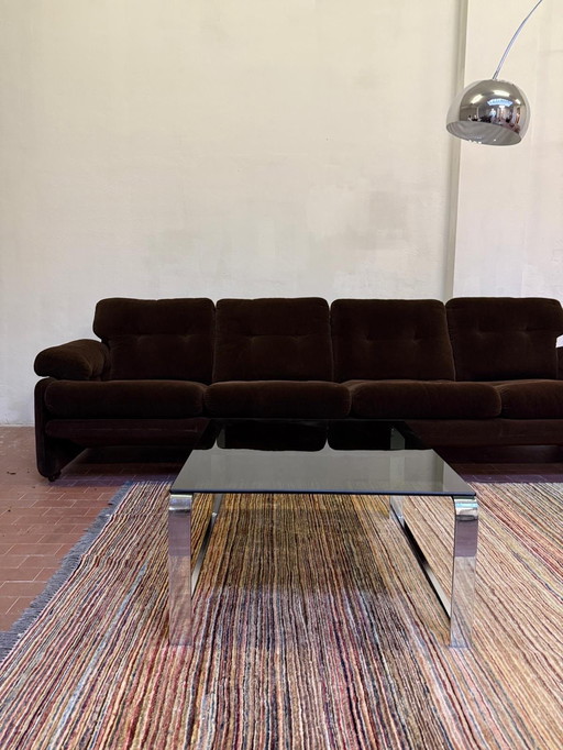 Tavolino da caffè in vetro cromato e fumé (anni '70)