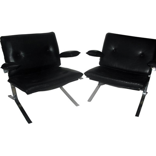 Pareja de sillones vintage "Joker" en acero cromado y cuero negro de Olivier Mourgue para Airborn, Francia, 1970
