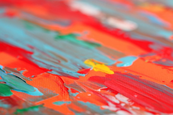 Image 1 of Abstract Red, Orange and Blue original painting on stretched canvas