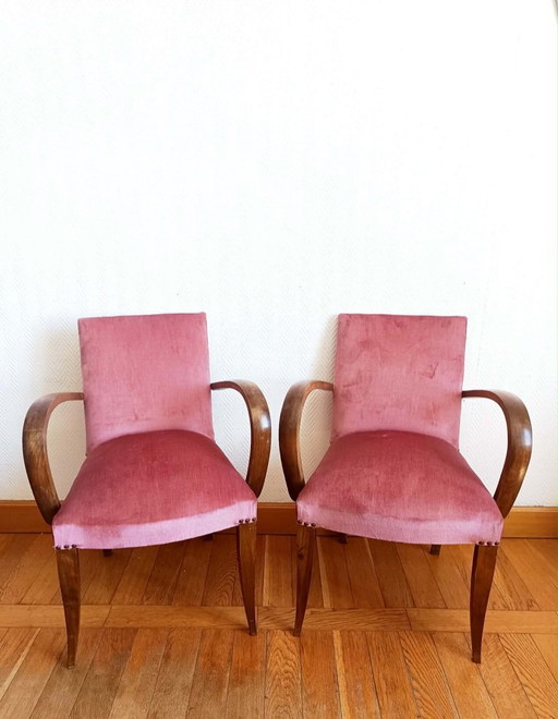 2x Art Deco roze fluwelen fauteuils met snormotief