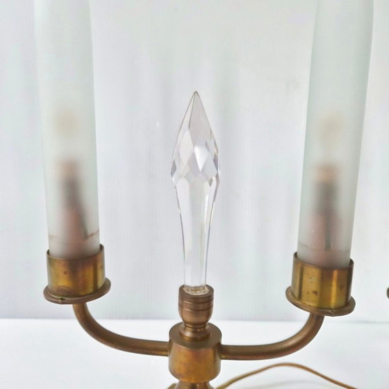 Image 1 of Pair of vintage 1950s brass and glass candle lamps, Art Deco style.