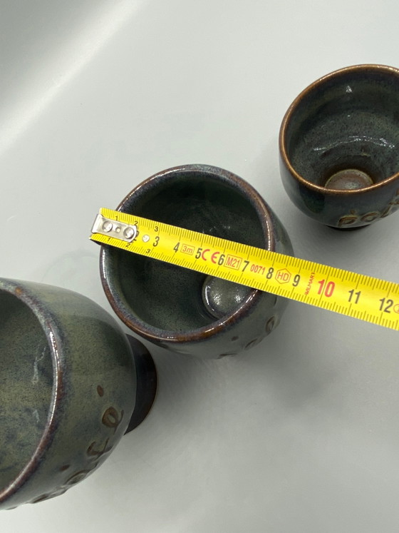 3 geëmailleerde aardewerken koffie-, zout- en pepervaatjes – handgemaakt aardewerk – Servies (photo 10 of 10)