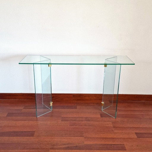 Table d'appoint vintage en plexiglas et verre avec détails en laiton, dans le style de Leon Rosen