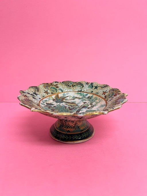 Vintage Satsuma pedestal serving dish, Japanese bird-themed serving dish