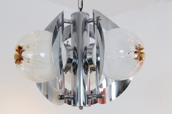 Geometric Chrome and Frosted Glass Chandelier by A.V. Mazzega, Murano Glass (photo 5 of 7)