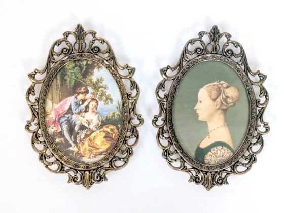 Image 1 of Set di 6 stampe d'arte vittoriane, cornice vintage in metallo dorato, Made in Italy, anni '70