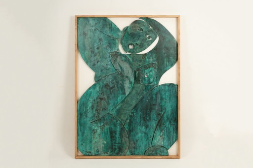 Bas-relief sign reading "Think outside the box!" in patinated wood. Contemporary