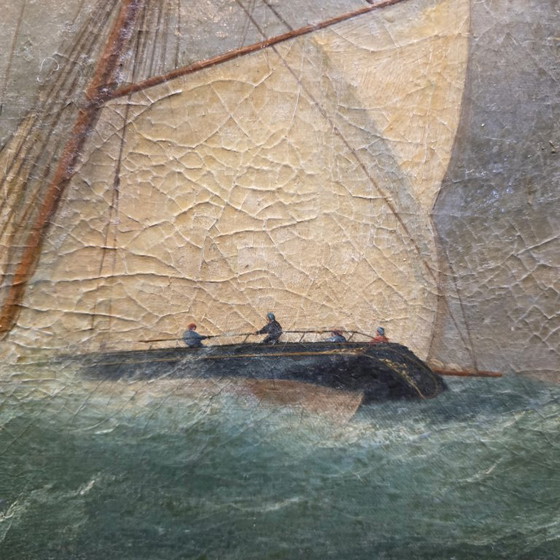 Image 1 of Antiek schilderij met zeilboot op ruwe zee, van rond 1900