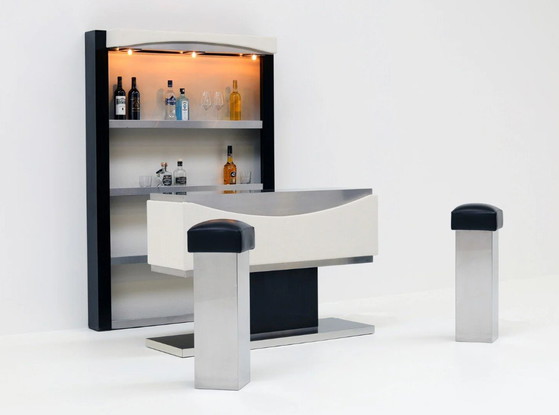 Vintage Cocktailbar Jaren 80 - Zwart Hout & Geborsteld Metaal - met 2 barkrukken – Drankenkasten, Metal, Wood (photo 6 of 8)
