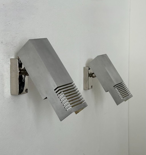 Pair of Henri Mathieu adjustable sconces, brushed metal, France 1960