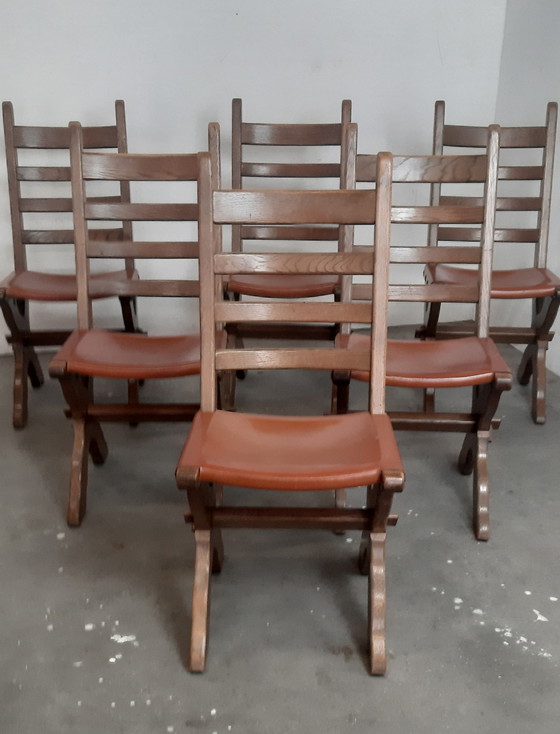 Image 1 of Ensemble de 6 chaises de salle à manger Brutalist en cuir sellier Chaise à échelle
