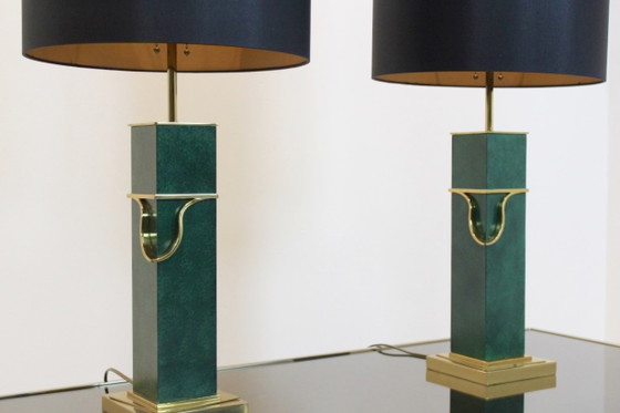 Coppia di Lampade da tavolo Mid Century Moderne in ottone e verde, Dorato (foto 7 di 8)