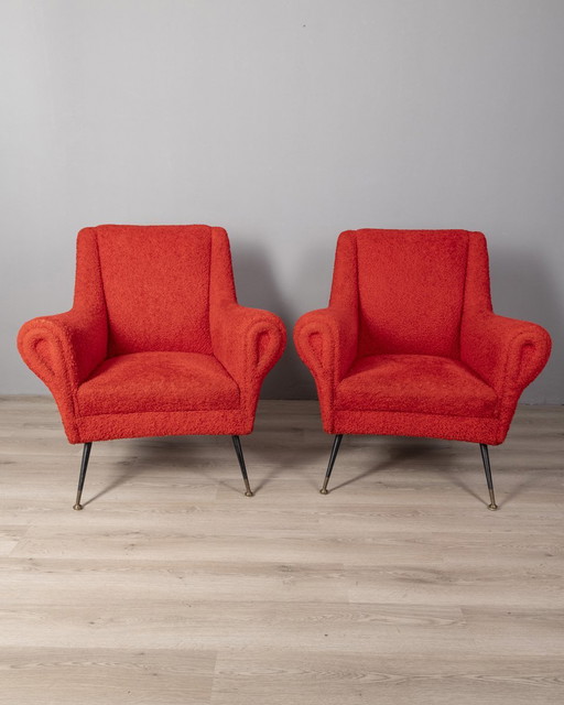 Paire de fauteuils vintage années 50 tissu rouge design italien