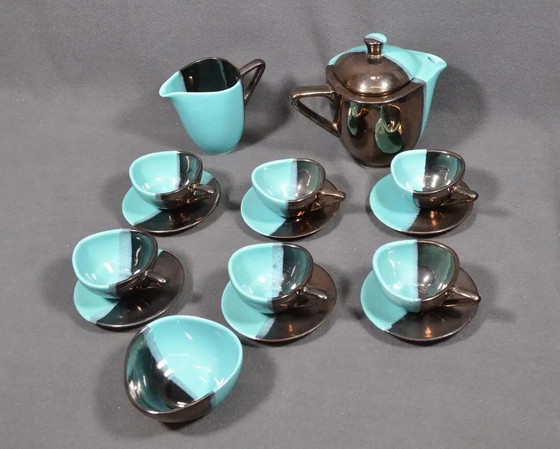 Mid 20th Century Vallauris – Black and Turquoise Blue Faience Coffee Set - 15 pcs – Crockery (photo 2 of 18)
