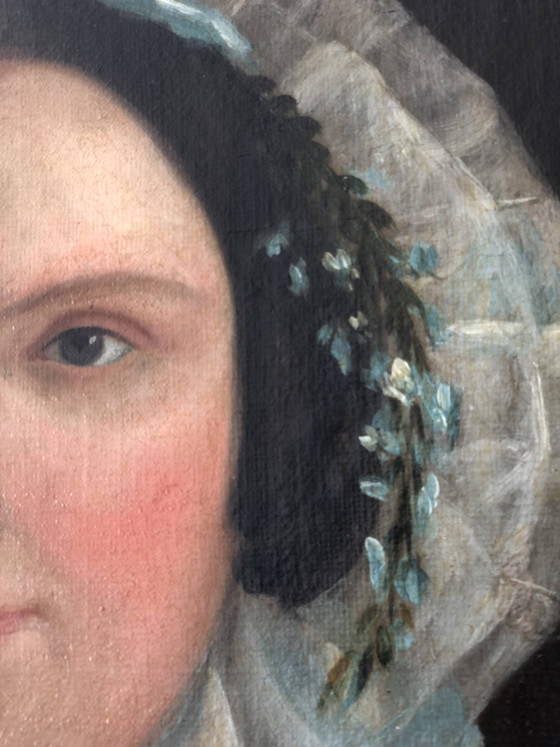 Image 1 of Portrait à l'huile ancien d'une dame hollandaise, XIXe siècle