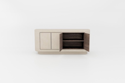 Dressoir, nachtkastje, zwevende lade en wandplankcollectie van gips en walnoothout