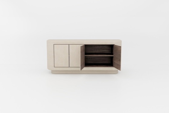 Image 1 of Dressoir, nachtkastje, zwevende lade en wandplankcollectie van gips en walnoothout
