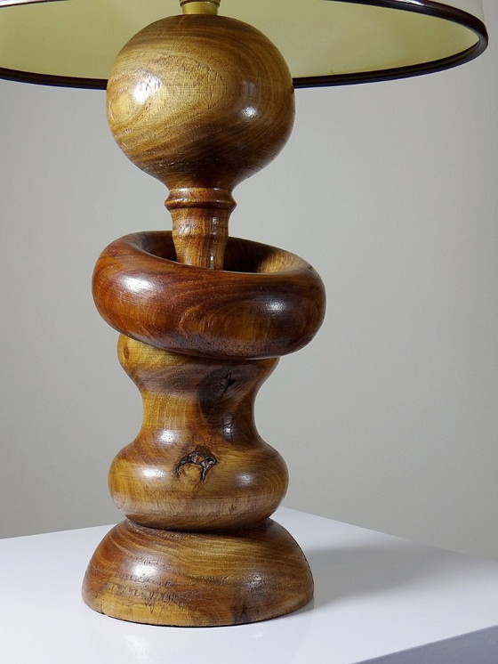 Image 1 of Impressive vintage Scandinavian style lamp, designed in carved turned wood with a ring
