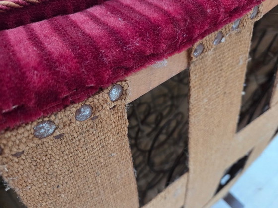 Image 1 of 1960s, Danish 2-seater "Banana" sofa, red furniture velour, oak wood.