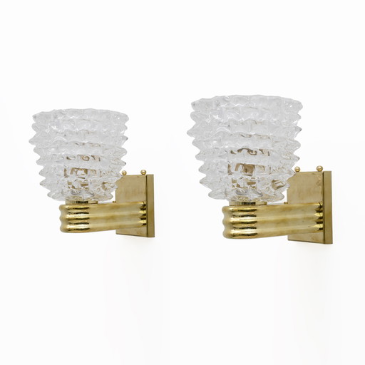 Paire de grandes appliques en laiton et verre de Murano Rostrato
