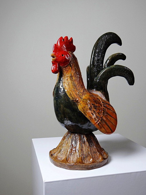 Small decorative glazed ceramic rooster folk art