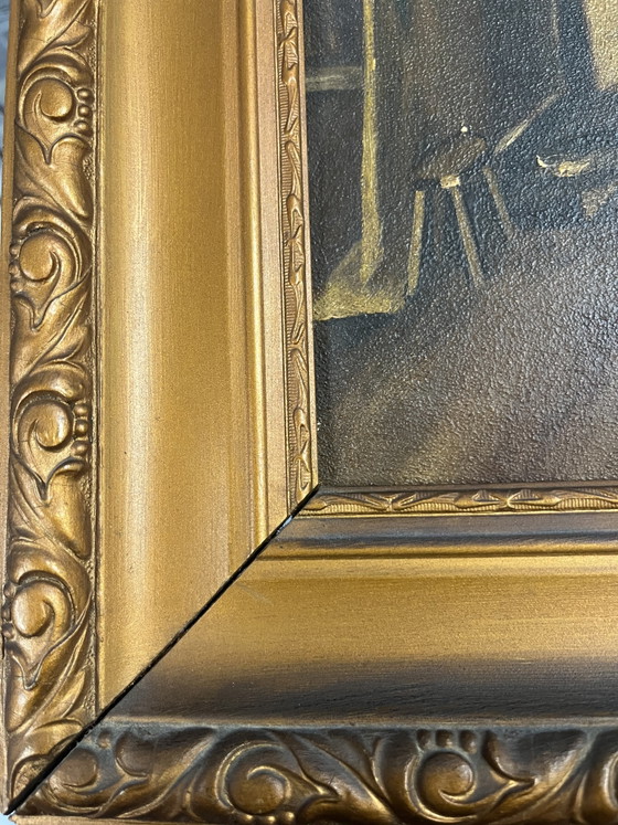 Antique oil painting on wooden panel (1920) – Signed – Interior with fireplace – Includes original frame (photo 9 of 10)