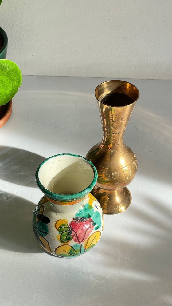 Image 1 of Vintage Handcrafted Ceramic and Brass Vases