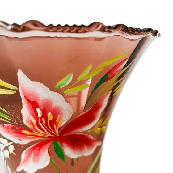 Image 1 of Art Deco vase pink glass with hand-painted flowers 1930s
