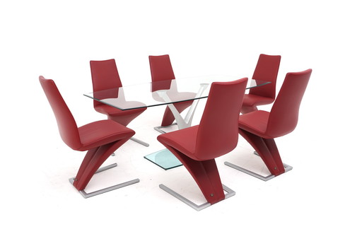 Rolf Benz 7800 stoelen 1210 eettafel 6 st. Leer Glazen Rode Stoel Sledemodel