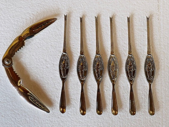 Image 1 of Vintage, Silver-Plated Lobster Forks & Cracker by Silea, Set of 7