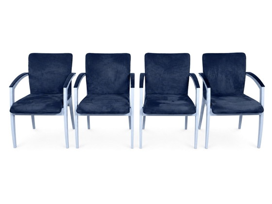 4x Leolux Caramilla Chaises de salle à manger Vintage, Bois, Textile, Bleu (photo 3 sur 5)