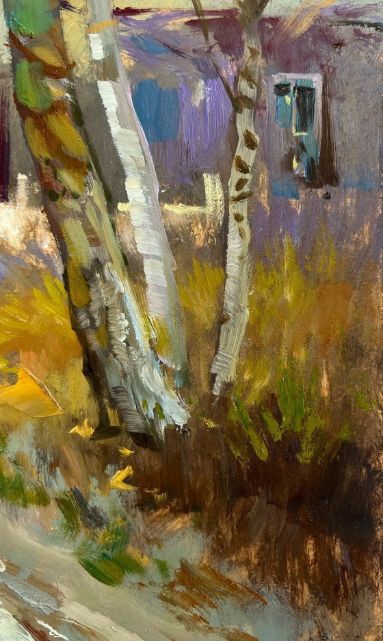 Image 1 of Original Oil Painting Autumn Village Landscape The rustle of autumn outside the window