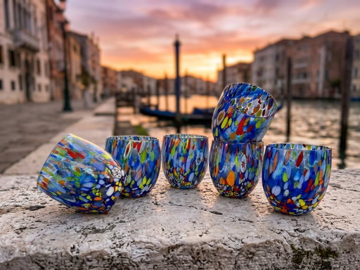 Set di 6 bicchieri in vetro soffiato veneziano con murrine Effetre Murano fuse nel vetro, hand made in italy.
