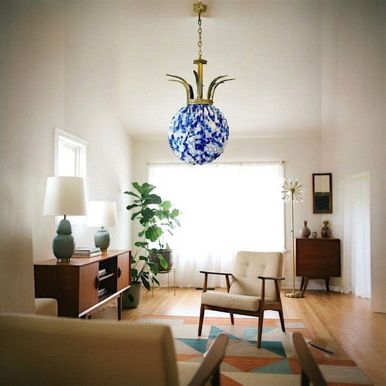 Image 1 of Gran lámpara de araña de cristal azul estilo Regencia portuguesa de Marinha Grande, década de 1970